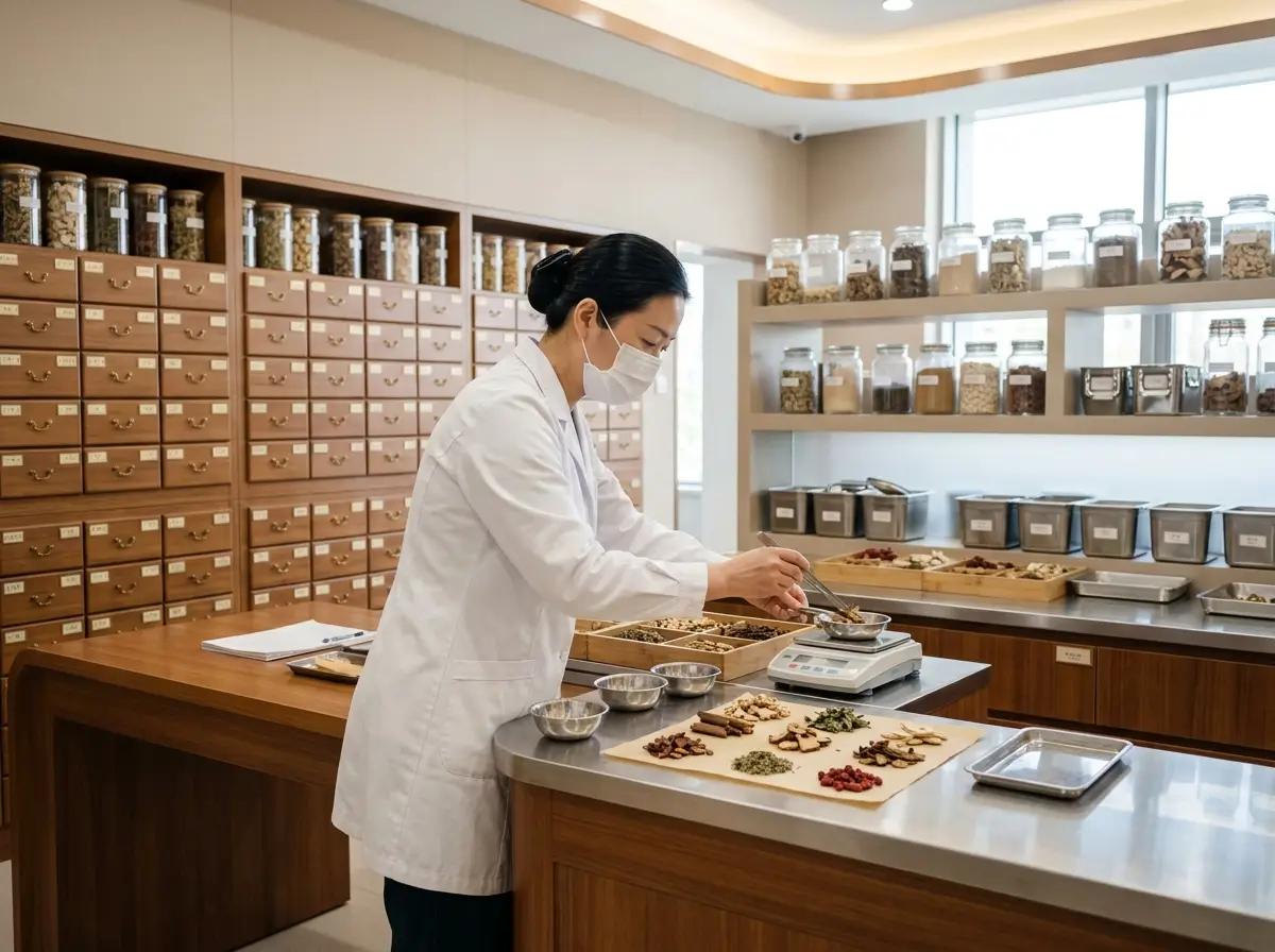 Chinese herbal medicine preparation in a modern TCM hospital in China