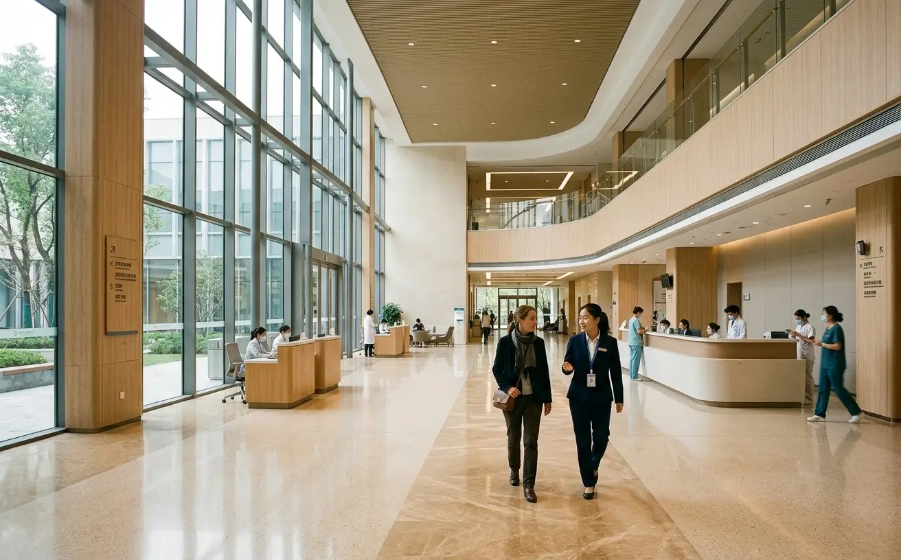 International patient receiving support at a modern medical center in China